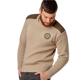 Pull col rond chasse homme jersey 30% laine beige 3XL Bartavel P60 patch bécasse